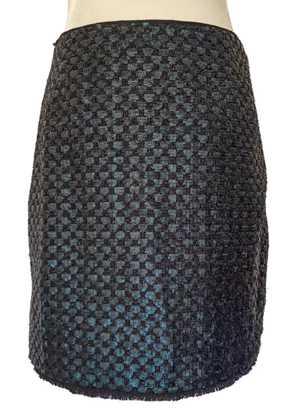 ELIE TAHARI Black & Teal Sequin Textured Fringe Mini Skirt – Size 8